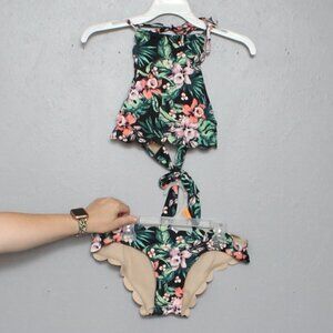 Vanilla Beach floral scalloped high neck halter tie bikini 2 piece swim